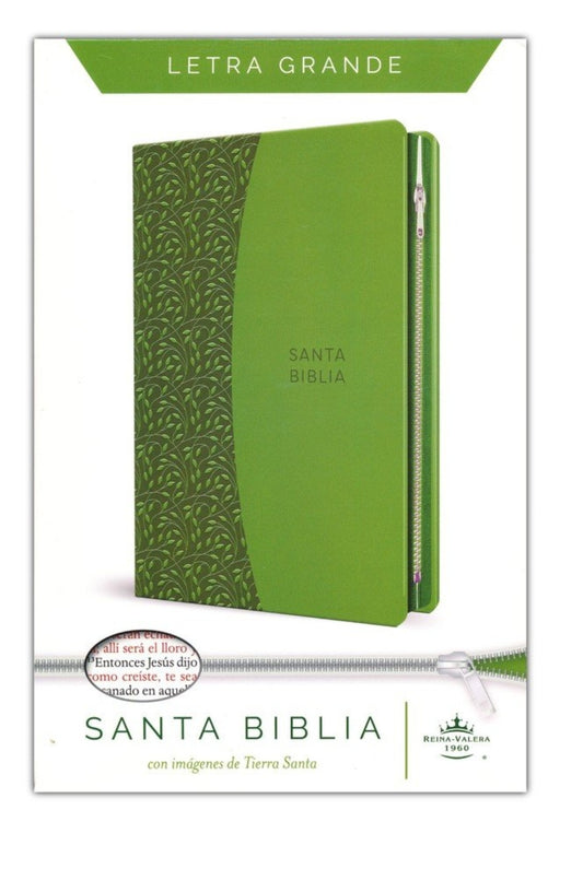 Biblia Reina Valera 1960, letra grande, símil piel verde con cremallera